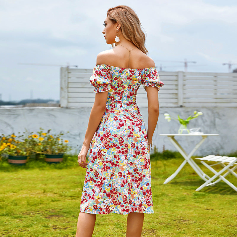 Summer Printed Puff Sleeve One-shoulder Two-wear Dress