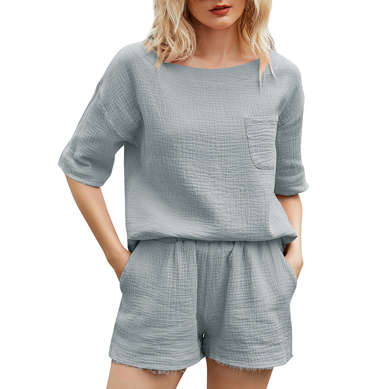 New Summer Cotton And Linen Pocket Suit Holiday Style Home Wear Women