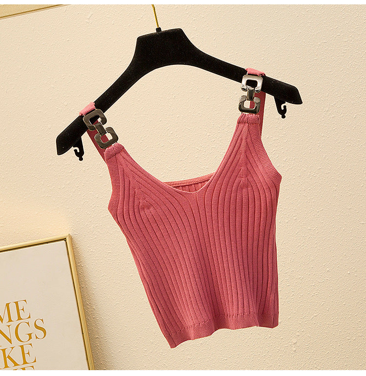 Summer Leak Shoulder Knitted Short Top For Inner Wear