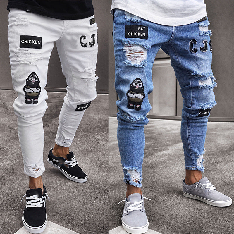 AliExpress White High-end Denim Men's Trousers Cross-border Foreign Trade Hole Trend Black Slim Jeans Men