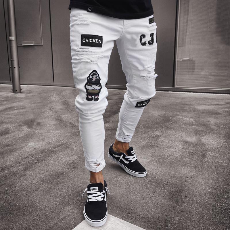 AliExpress White High-end Denim Men's Trousers Cross-border Foreign Trade Hole Trend Black Slim Jeans Men