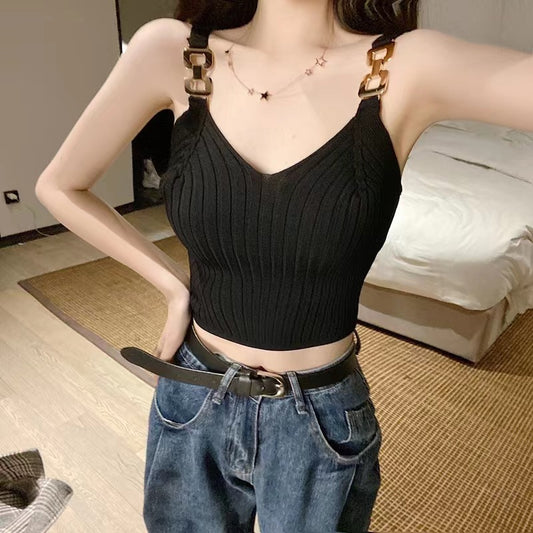 Summer Leak Shoulder Knitted Short Top For Inner Wear