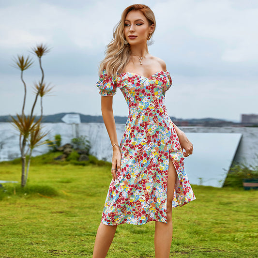 Summer Printed Puff Sleeve One-shoulder Two-wear Dress