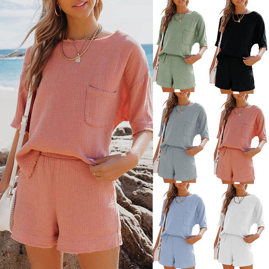 New Summer Cotton And Linen Pocket Suit Holiday Style Home Wear Women